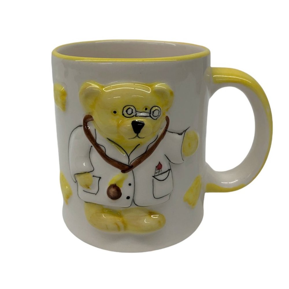 Doctor Bear Ceramic Raised Relief Yellow Coffee Mug Cup Stethoscope Glasses 12oz